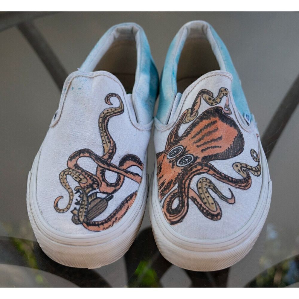 CUSTOM Vans Underwater Octopus Classic Slip On White Blue Orange Men 8/Women 9.5